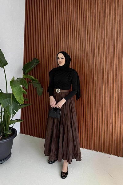 Melike Tatar تنورة مطاطية من الفوال المجعد باللون البني