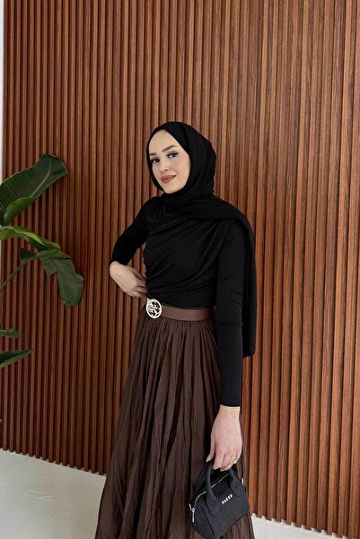 Melike Tatar Brown Crinkle Voile Elastic Skirt