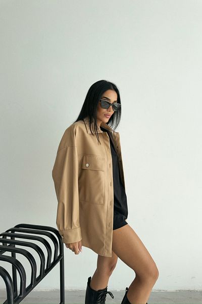 modaserdem Button-up leather shirt boyfri̇end - beige