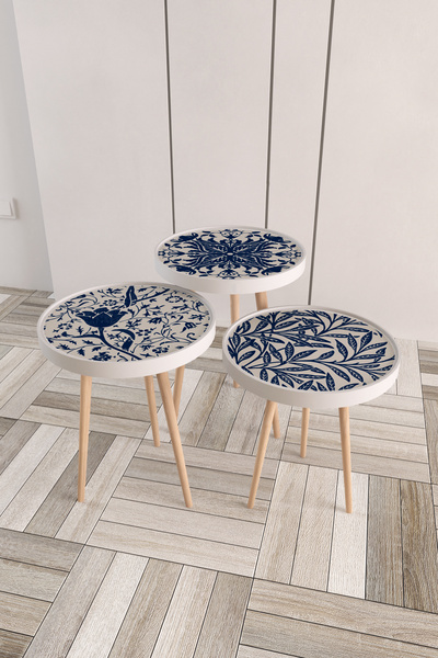 Victor Vallery New Blue Blanc Ahşap 3'lü Roma Zigon Sehpa