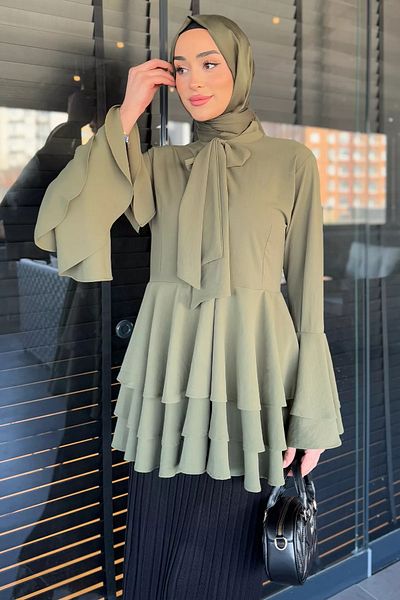 julude Χακί Hijab Πλισέ Σιφόν Τουνίκ