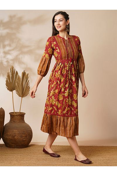 Globus By Styli Tie-Up Mandarin Neck Bishop Sleeves Floral Print Tiered Midi Dress