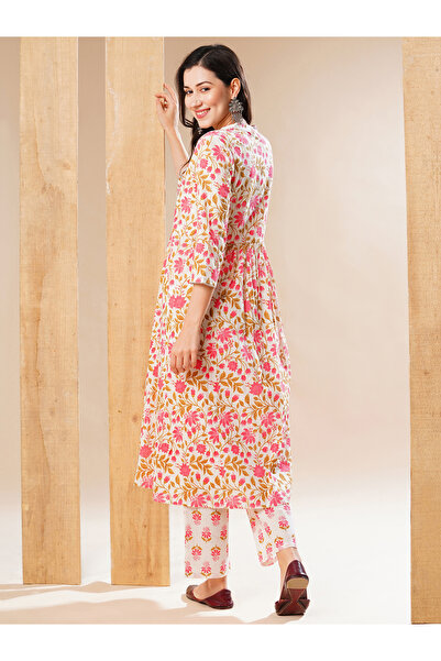 Globus By Styli Floral Print Mandarin Collar A-line Kurta and Trouser Set