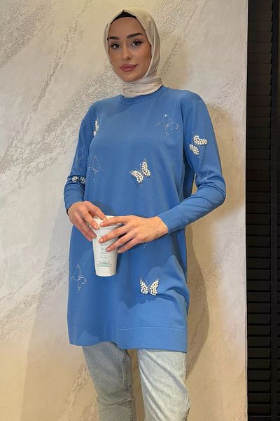 julude Light Blue Butterfly Stone Crew Neck Hijab Tunic