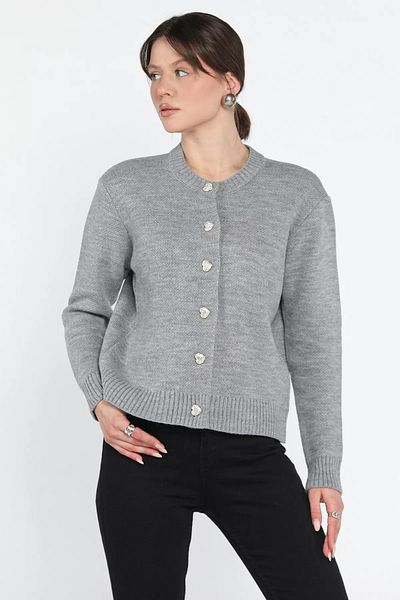 GÜLSELİ Gray Women's Stone Heart Figured Buttoned Knitwear Cardigan