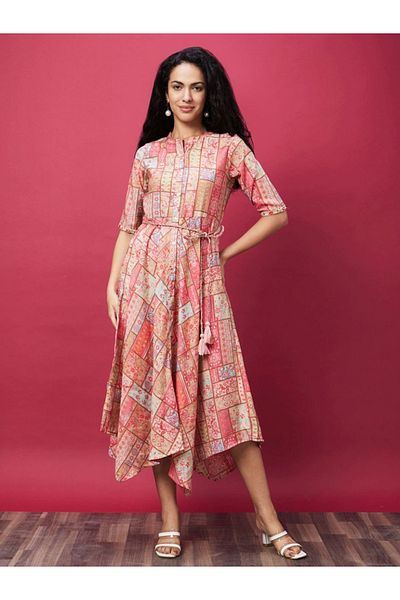 Globus By Styli All Over Print A-Line Midi Dress with Tie-Up Detail