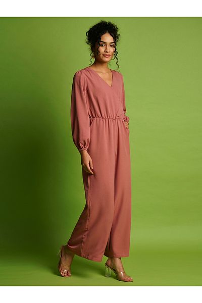 Globus By Styli Solid Wrap Neck Balloon Sleeves Gathered Waist Jumpsuit