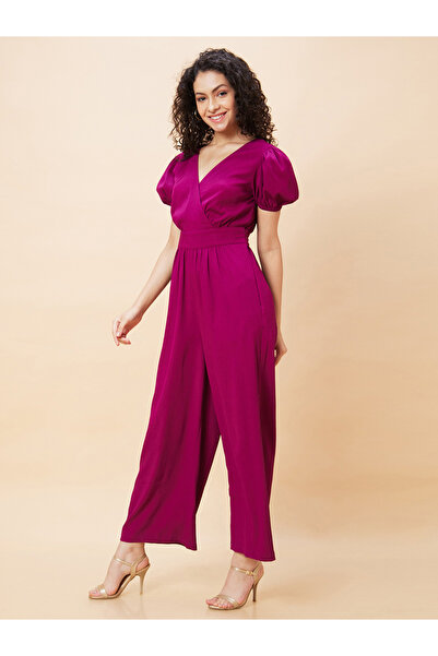 Globus By Styli Solid Wrap V-Neck Puff Sleeves Jumpsuit with Waist Tie-Up
