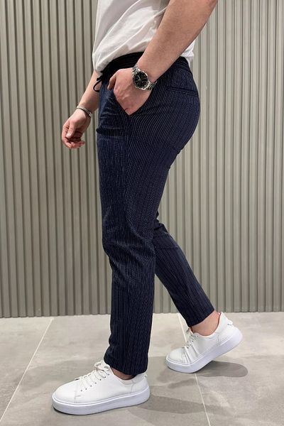 MİSHAR İTALİA Navy Blue Waist Lace-Up Striped Men's Trousers