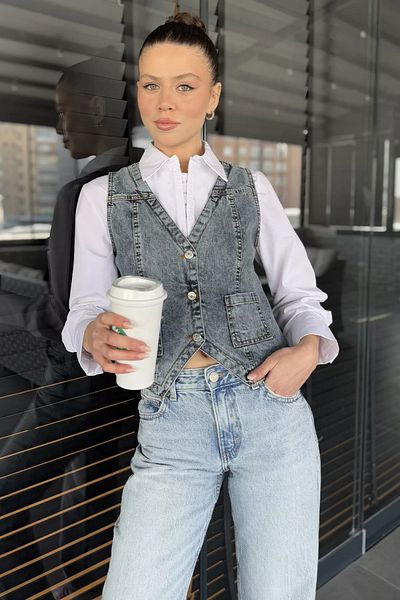 GÜLSELİ Dark Navy Blue Women's Pocket Jean Denim Vest