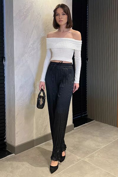 GÜLSELİ Black Women's Elastic Waist High Waist Satin Pleated Pants