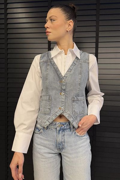GÜLSELİ Light Blue Women's Pocket Jean Vest