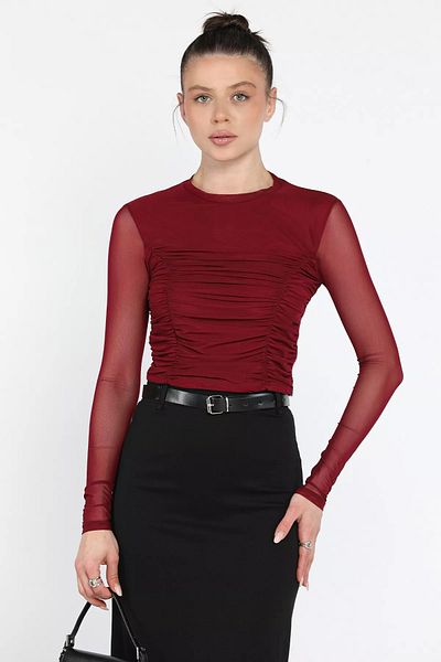 GÜLSELİ Γυναικεία Crop Μπλούζα με διάφανη μπλούζα με λαιμόκοψη