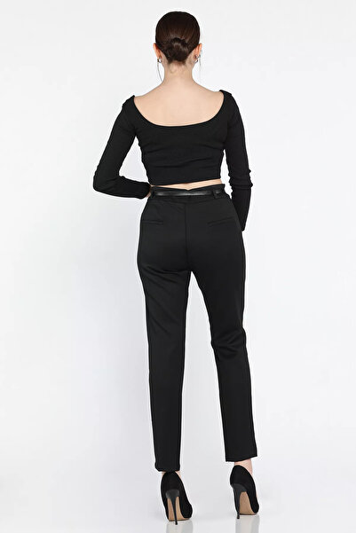 GÜLSELİ Black Plus Size Women's Belted Fabric Trousers