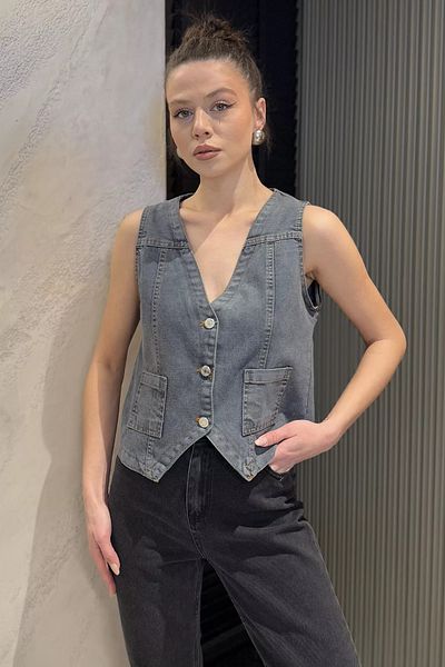 GÜLSELİ Vestă de blugi pentru femei albastru închis cu buzunare