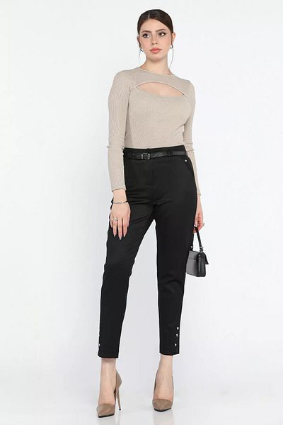 GÜLSELİ Black Large Size Women's Fabric Pants with Stone Detail and Belt