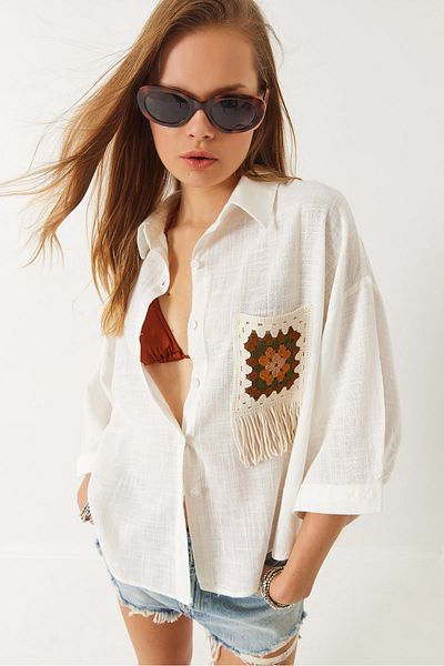 Bianco Lucci Cămașă oversize din in, cu buzunar, cu dantelă 60261392