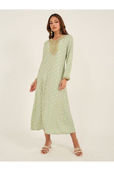 Keenly By Styli Foil Print Lace Detail Round Neck Kaftan
