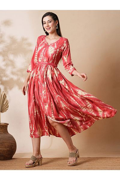 Globus By Styli Embroidered Notch Neck Front Slit A-Lin Midi Dress with Belt