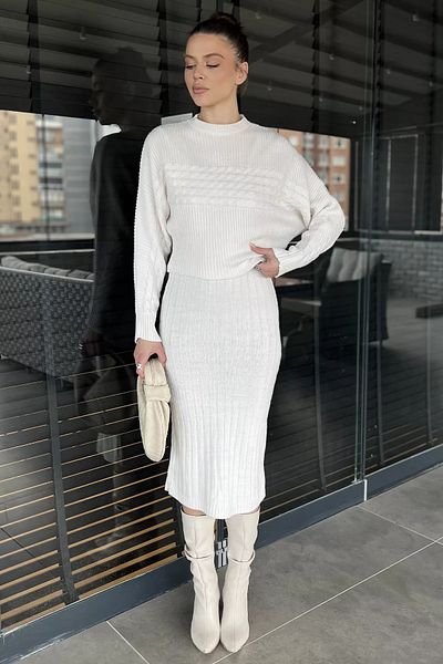 GÜLSELİ Cream Women's Double Knitwear Set with Blouse Dress Combination