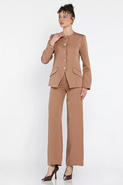 GÜLSELİ Biscuit Button Detailed Lined Women's Jacket Pants Set of Two