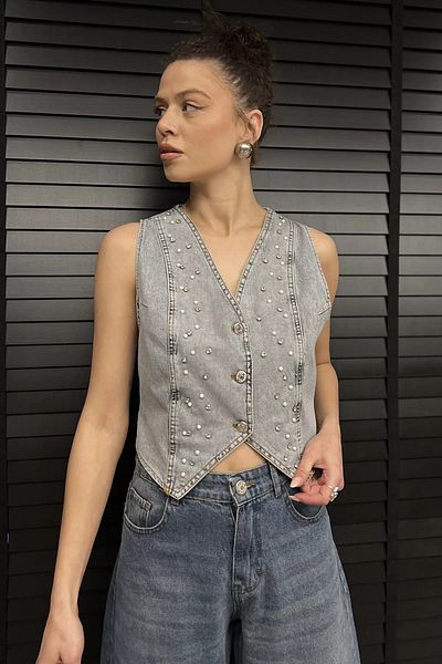 GÜLSELİ Vestă de blugi pentru femei Ice Blue Stone Jean