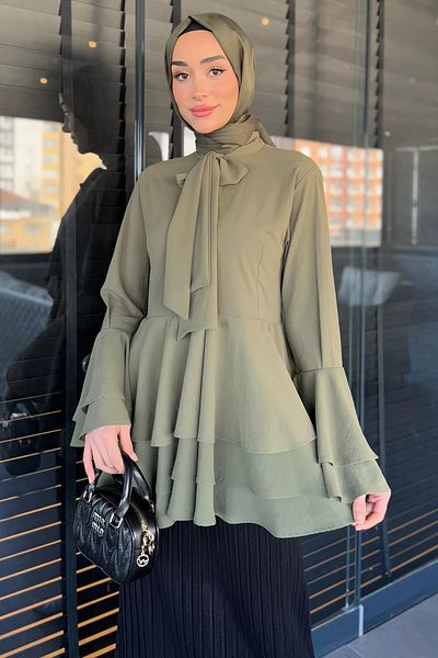 julude Χακί Hijab Πλισέ Σιφόν Τουνίκ