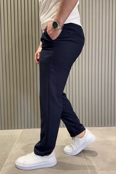 MİSHAR İTALİA Navy Blue Waist Lace-Up Men's Trousers