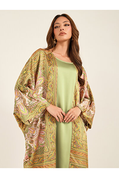 Keenly By Styli Printed Satin Round Neck Batwing Sleeve Kaftan