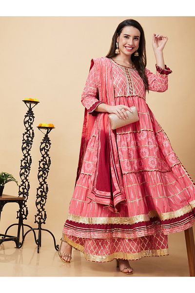 Globus By Styli Round Neck Tiered Anarkali Kurta with Sharara and Dupatta Set