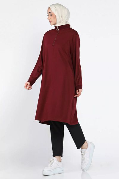 julude Tunica Hijab pentru femei, cu jumătate de fermoar, cu guler ridicat, de culoare burgundă