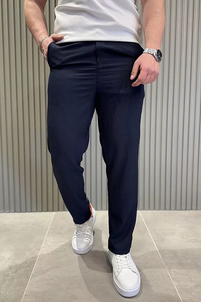 MİSHAR İTALİA Navy Blue Waist Lace-Up Men's Trousers