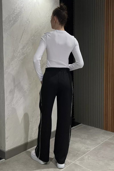 GÜLSELİ Black Elastic Waist Side Stripe Wide Leg Women's Trousers