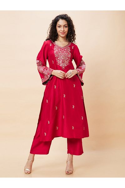 Globus By Styli Embroidered V-Neck A-Line Kurta and Trouser Set