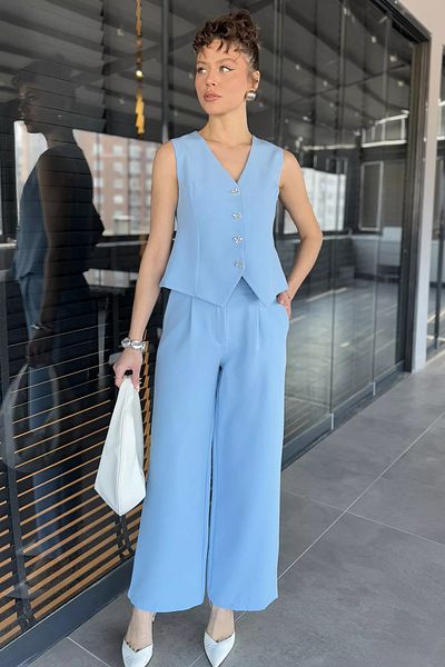 GÜLSELİ Light Blue Button Detailed Lined Women's Vest Trousers Set of Two