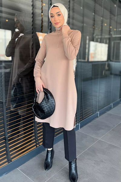 julude Μπεζ γυναικείο γιακά με μισό φερμουάρ Hijab τουνίκ