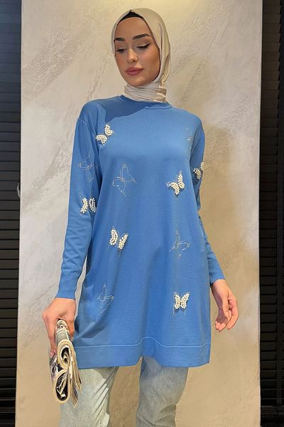 julude Light Blue Butterfly Stone Crew Neck Hijab Tunic