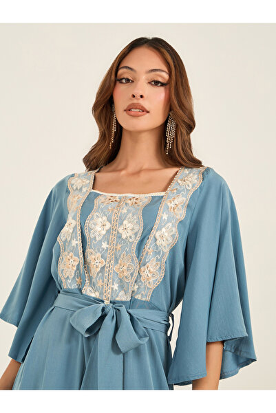 Keenly By Styli Embroidered Lace Insert Square Neck Jalabiya