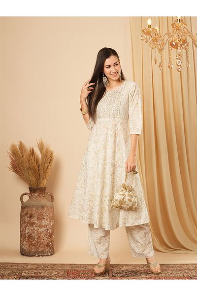 Globus By Styli Sequined Embroidered Floral Print Anarkali Kurta with Pants Set
