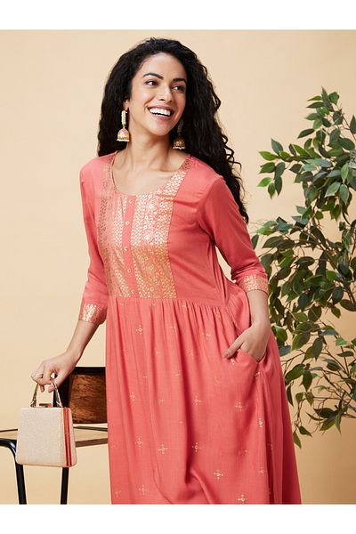 Globus By Styli Foil Print Round Neck A-Line Kurta