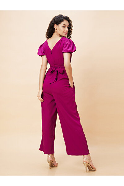 Globus By Styli Solid Wrap V-Neck Puff Sleeves Jumpsuit with Waist Tie-Up