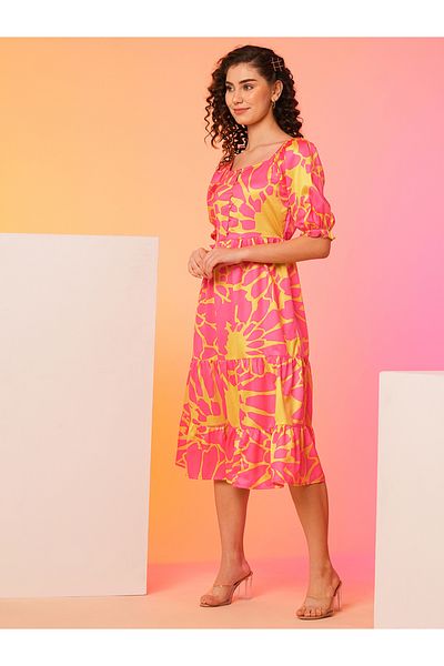Globus By Styli All-Over Floral Print Puff Sleeve Midi Dress