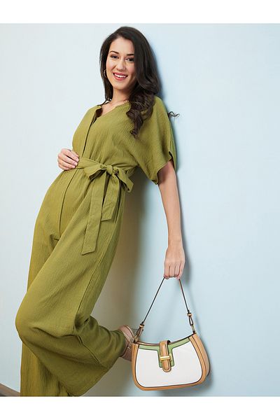 Globus By Styli Solid V-Neck Drop Shoulder Waist Tie-Up Jumpsuit