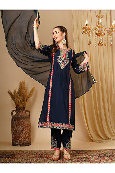 Globus By Styli Embroidered Lace Straight Kurta and Trousers and Dupatta Set