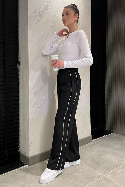 GÜLSELİ Pantaloni negri pentru femei, cu dungi laterale elastice în talie
