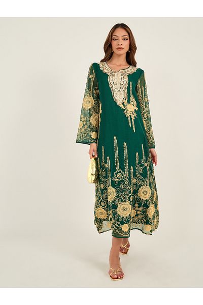 Keenly By Styli Embroidered Notch Neck A-Line Jalabiya