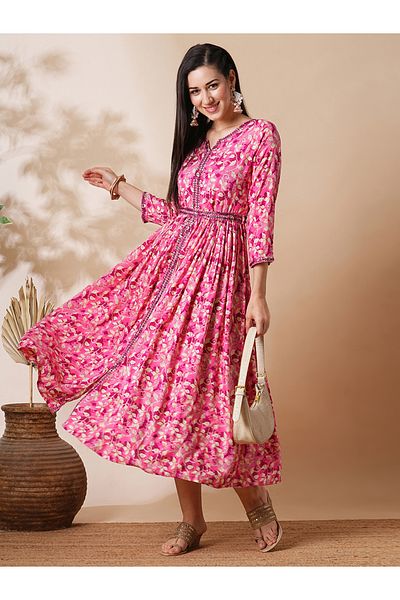 Globus By Styli Embroidered Notch Neck Front Slit A-Lin Midi Dress with Belt