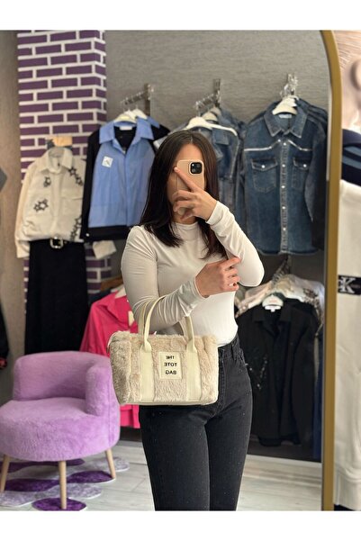 TRENDBUTİK Geanta Tote 21x21 cu curea de umăr cu inscripție cu blană pluș gea...