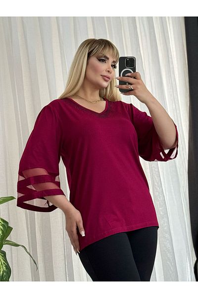 LİKRA Women's Large Size Collar Stone Sleeves Towel Flexible Viscose Tunic