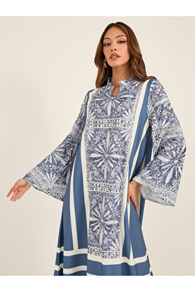 Keenly By Styli All-Over Print Notch Neck Flared Kaftan